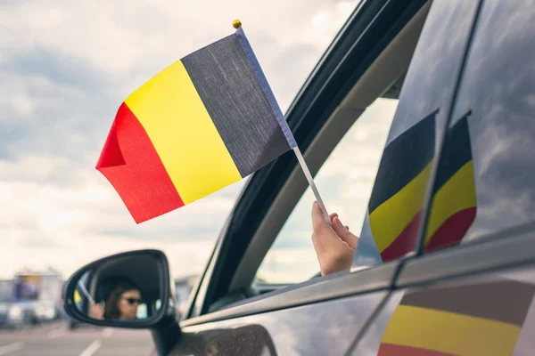 Woman Girl Holding Belgian Flag Open Car Window Concept — Stock Photo, Image