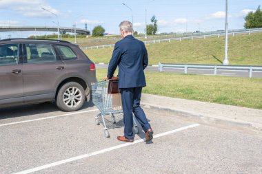 İş adamı alışveriş sonrası kediye doğru yürüyor. 