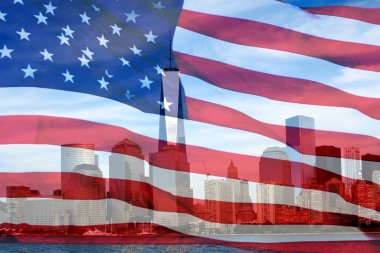 Amerikan bayrağı ve New York City, Manhattan 'ın gökdelenleriyle çifte çekim. Usa. Kavram