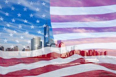Amerikan bayrağı ve New York City, Manhattan 'ın gökdelenleriyle çifte çekim. Usa. Kavram