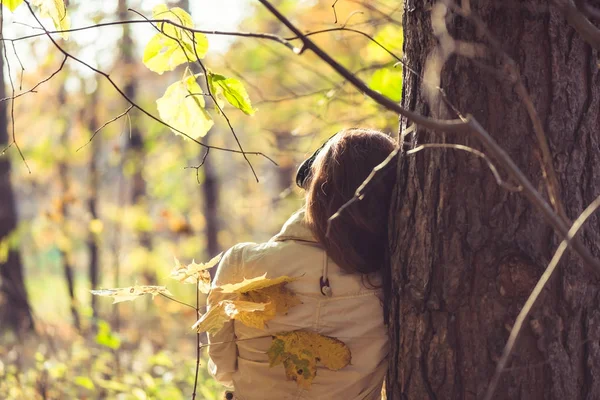 Kulaklıklı bir kadın parkta büyük bir akçaağacın yanında duruyor ve sonbahar ormanında müzik dinliyor. Kavram. Hint yaz sezonu