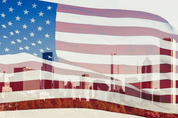 Doble Exposición Con Bandera Estadounidense Los Rascacielos Chicago Illinois Concepto — Foto de Stock