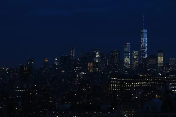 Utsikt Över Manhattan Mitt Natten Vid Solnedgången Panorama Över Skyskrapor — Stockfoto