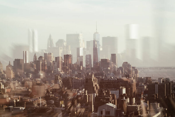 Double exposure of skyscrapers of New York City, Manhattan. USA. Concept