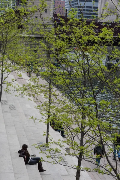 İnsanlar Chicago parkının merdivenlerinde dinleniyor. 