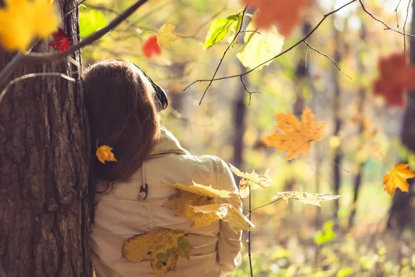 Mujer Auriculares Pie Cerca Gran Árbol Arce Parque Escuchar Sonidos — Foto de Stock