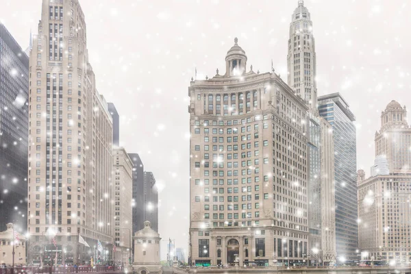 Вид Центр Чикаго Небоскребы Время Зимнего Снегопада Иллинойс Сша — стоковое фото