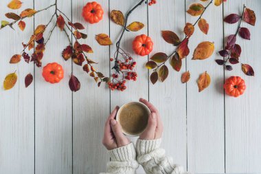 Elinde bir fincan kahve, yapraklar, küçük balkabakları ve beyaz tahta üzerinde rowan olan bir kadın. Geçmişi. Sonbahar, sonbahar konsepti. Düz yatış, üst görünüm.