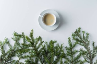 Beyaz bir masanın üzerinde ladin dallı sade kahve fincanı. Noel ve Yeni Yıl konsepti. Kahve sanatı. Düz yatış, üst görünüm. 