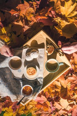 Sonbahar bahçesinde renkli akçaağaç yapraklarıyla sabah kahvaltısı yapan bir çift adam ve kadın. Bir fincan kahve, marşmelov reçeli ve tahta tepside peynirli krep. Hava görünümü