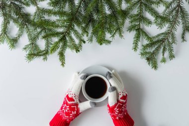 Beyaz bir masanın üzerinde ladin dallarında bir fincan sade kahve ile kış eldivenleri giymiş kadın eller. Noel ve Yeni Yıl konsepti. Kahve sanatı. Düz yatış, üst görünüm. 