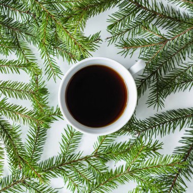 Beyaz bir masanın üzerinde ladin dallı sade kahve fincanı. Noel ve Yeni Yıl konsepti. Kahve sanatı. Düz yerde, üst tarafta. instagram