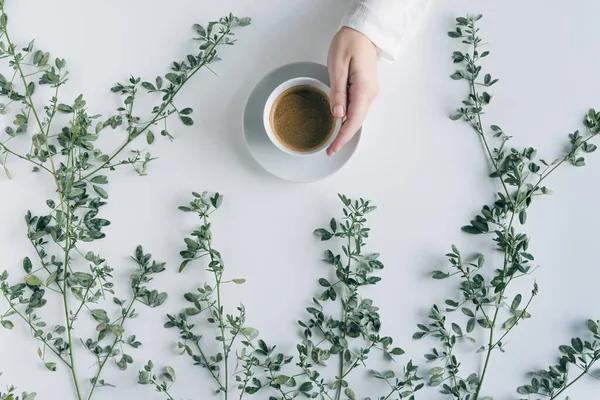 Female hands with a cup of coffee in branches with green leaves on a white table. Cofee art. Flat lay, top view.