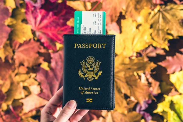 American passport with boarding pass in the woman hand maple leaves background in the autumn forest.  Travel Concept. Top view. Indian summer.