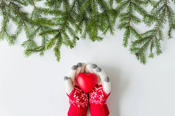 Female Hands Winter Gloves Big Red Heart Spruce Branches White — Stock Photo, Image