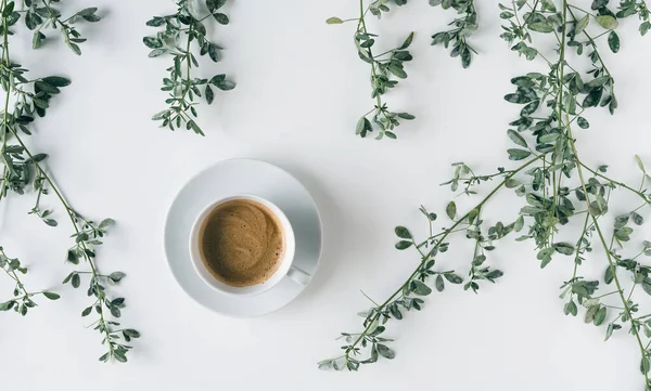 cup of coffee in branches with green leaves on a white table. Cofee art. Flat lay, top view.