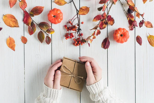 Woman packing gift in a box of kraft paper on white retro wood boards. leaves, rowan and small pumpkins. Thanksgiving. Autumn, fall concept. Flat lay, top view.