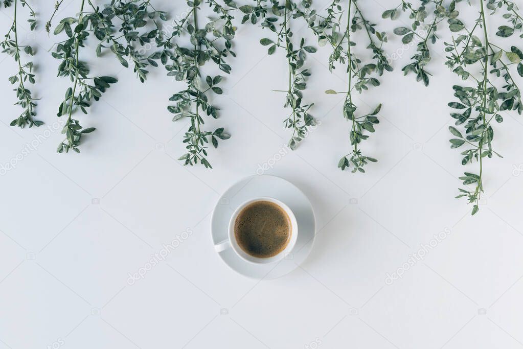 cup of coffee in branches with green leaves on a white table. Cofee art. Flat lay, top view.