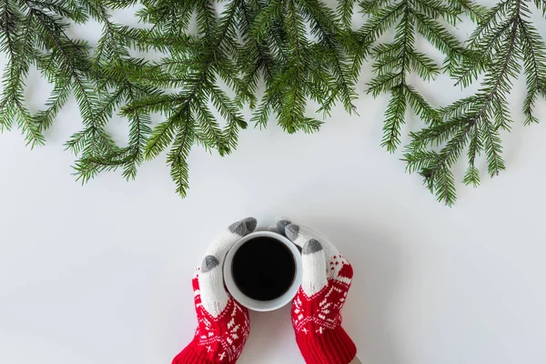 Female Hands Winter Gloves Cup Black Coffee Spruce Branches White — Stock Photo, Image