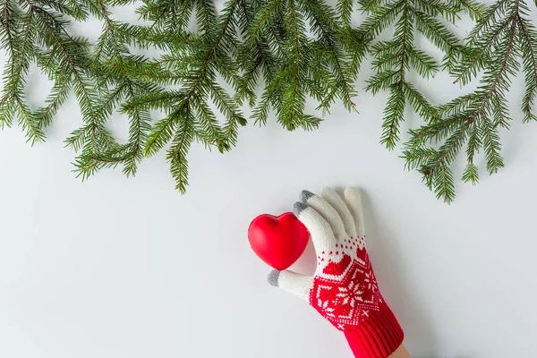 Female Hands Winter Gloves Big Red Heart Spruce Branches White — Stock Photo, Image