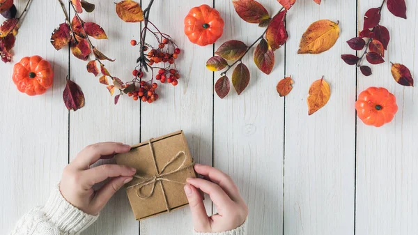 Woman packing gift in a box of kraft paper on white retro wood boards. leaves, rowan and small pumpkins. Thanksgiving. Autumn, fall concept. Flat lay, top view.