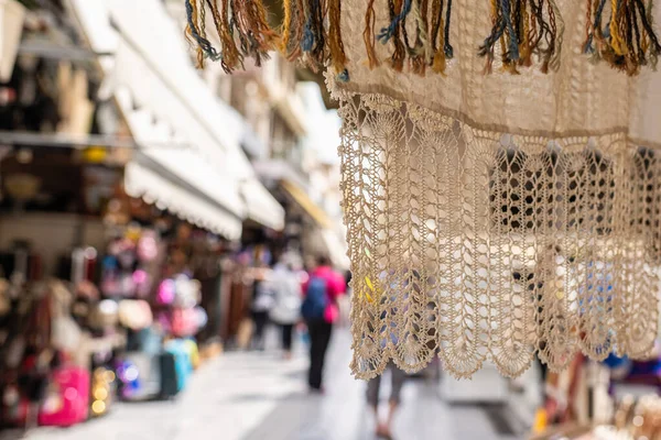 Vyšívané Tradiční Ubrusy Turistickém Trhu Suvenýry Krétě Řecko — Stock fotografie