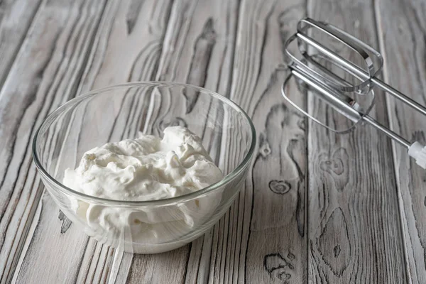 Whipping Cream Using Electric Hand Mixer Gray Rustic Wooden Table — Stock Photo, Image