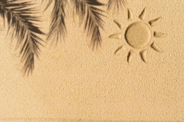 Солнце ручной работы, пальмовая ветвь тени на песчаном тропическом пляже. Концепция пляжного отдыха. Креатив, фон, пространство для копирования, путешествия, лето. Плоский лежал
