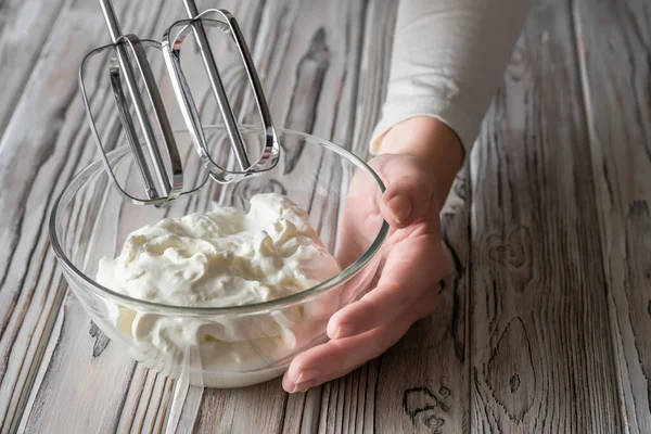 Woman Whipping Cream Using Electric Hand Mixer Gray Rustic Wooden — Stock Photo, Image