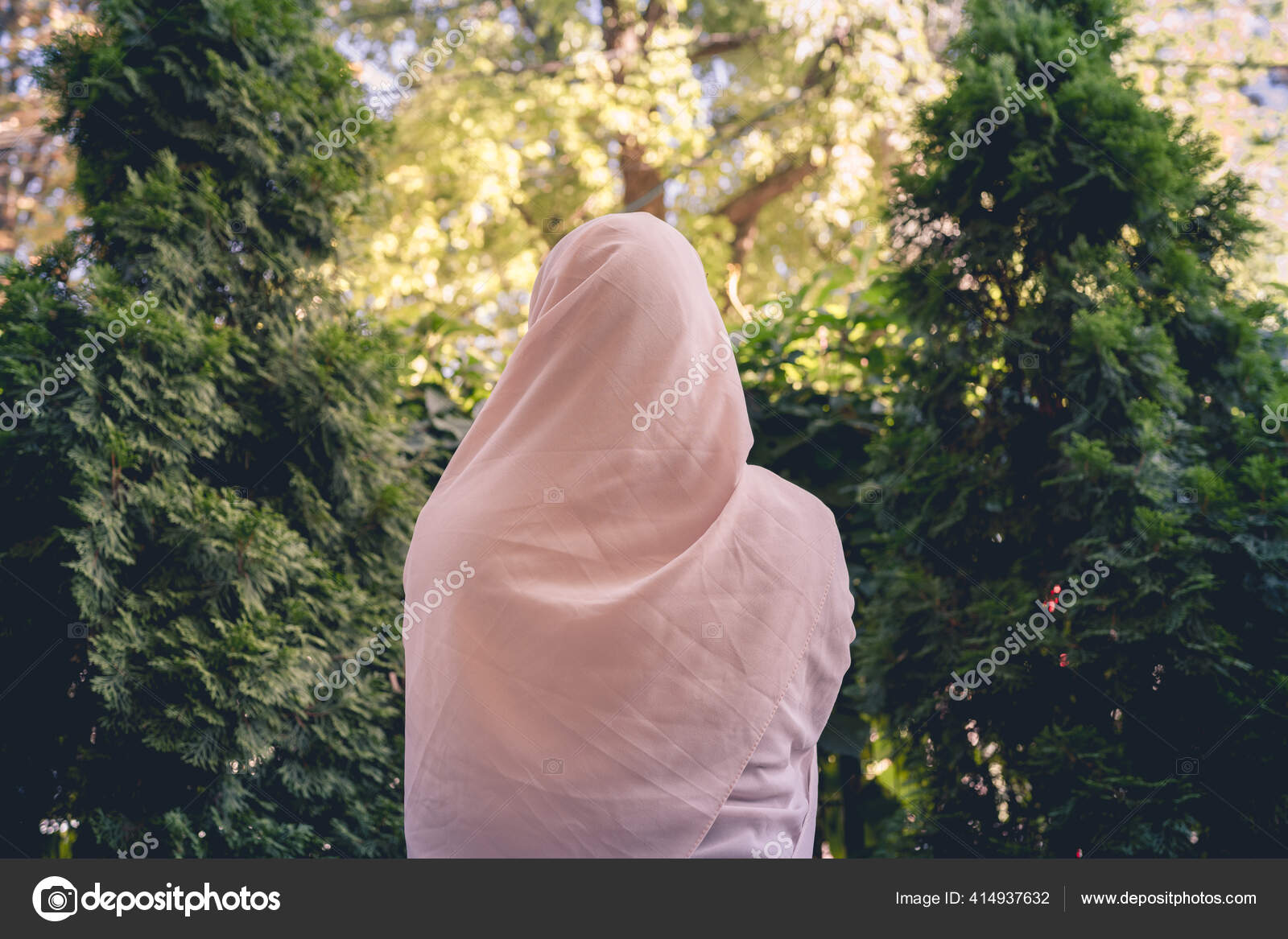 Autumn Lonely Muslim Woman Headscarf Walking Park Garden Vintage