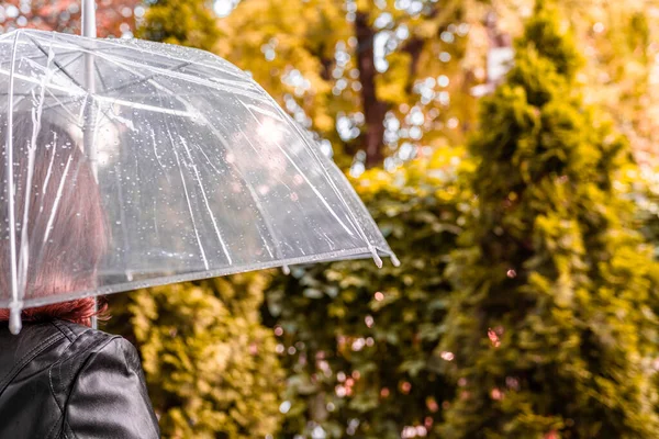 Podzim Osamělá Zrzka Dívka Pod Průhledným Deštníkem Kapkami Deště Procházející — Stock fotografie