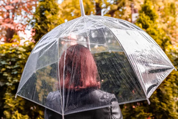 Autumn. Lonely sad woman under a transparent umbrella with rain drops walking in a park, garden. Rainy day landscape. Vintage Toned