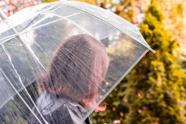Ősz Magányos Vörös Hajú Sétál Parkban Kertben Átlátszó Esernyőn Keresztül — Stock Fotó