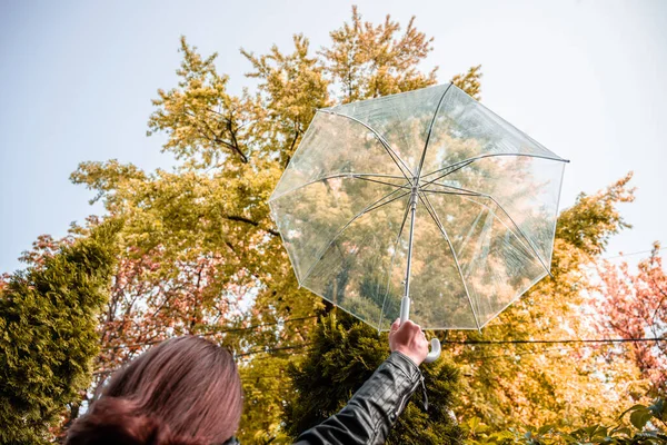 Herbst Einsames Rothaariges Mädchen Unter Einem Durchsichtigen Regenschirm Mit Regentropfen — Stockfoto