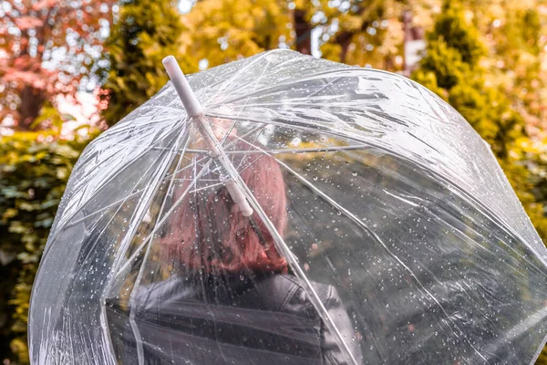 Ősz Magányos Vörös Hajú Sétál Parkban Kertben Átlátszó Esernyőn Keresztül — Stock Fotó