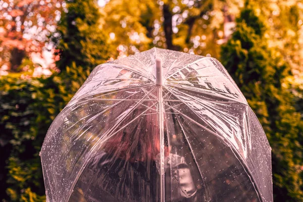 雨の透明な傘の下で孤独な悲しい女性が公園 庭を歩いてドロップします 雨の日の風景 ヴィンテージトーン — ストック写真