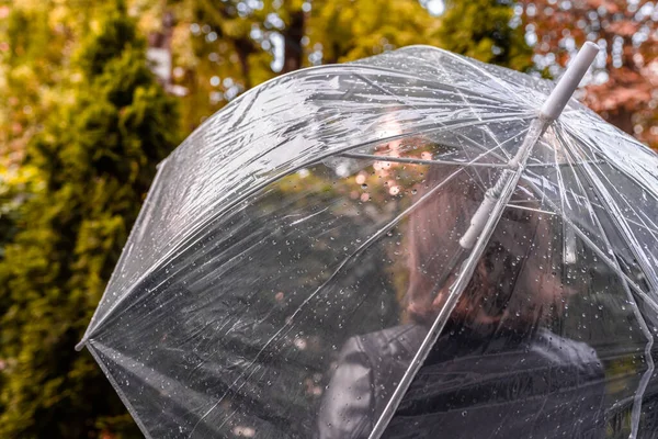 Autumn Lonely Redhead Girl Transparent Umbrella Rain Drops Walking Park — Stock Photo, Image