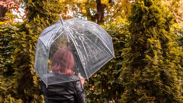 Sonbahar Şeffaf Bir Şemsiye Altında Yalnız Kızıl Kız Parkta Bahçede — Stok fotoğraf