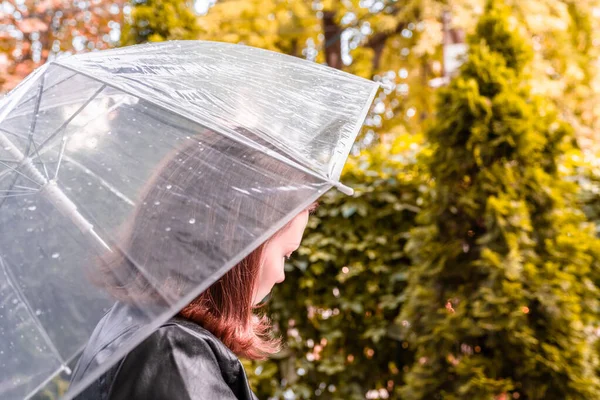 Autumn Lonely Sad Woman Transparent Umbrella Rain Drops Walking Park — Stock Photo, Image