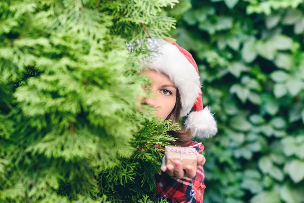Женщина Красной Шляпе Санта Клауса Держит Маленький Подарок Через Зеленые — стоковое фото