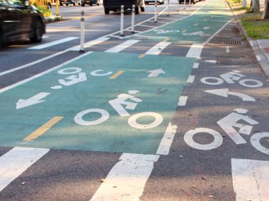 Sabit omuz boyalı asfalt üzerinde bisiklet işaretleri ile Manhattan New York'ta olan boş çift kişilik bisiklet yol