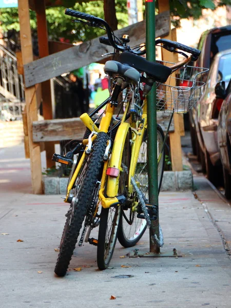 Dwa Żółte Rowery Zaparkowane Nawierzchni Betonowej Manhattan Nowy Jork — Zdjęcie stockowe