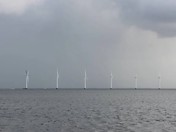 水平線の海に白い風車の列 色はミュートされ 空は曇っています — ストック写真