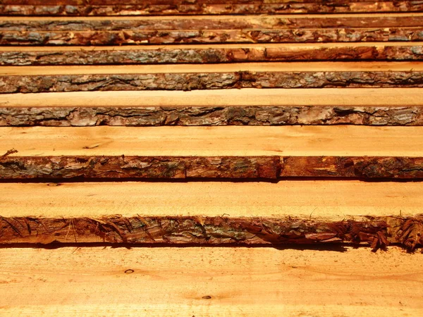 Rough Wooden Pine Planks Bark Side Resembles Set Stairs — Stock Photo, Image