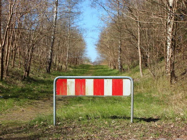 Una Señal Final Carretera Con Rayas Rojas Blancas Rodeada Árboles — Foto de Stock