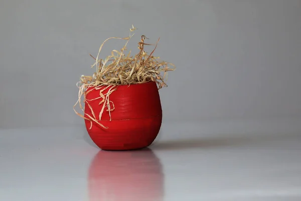 A dead plant in a red pot. A withering flower in a pot. Dry plant on a gray background.
