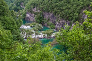 Hırvatistan 'daki Plitvice Gölleri Ulusal Parkı' nda şelale çağlayanı ve turkuaz su manzarası..