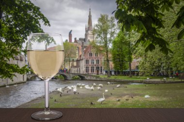Bruges, Belçika 'da bir bardak beyaz şarap. Bruges 'de kuğularla ve tarihi eski şehirlerle park manzarası.