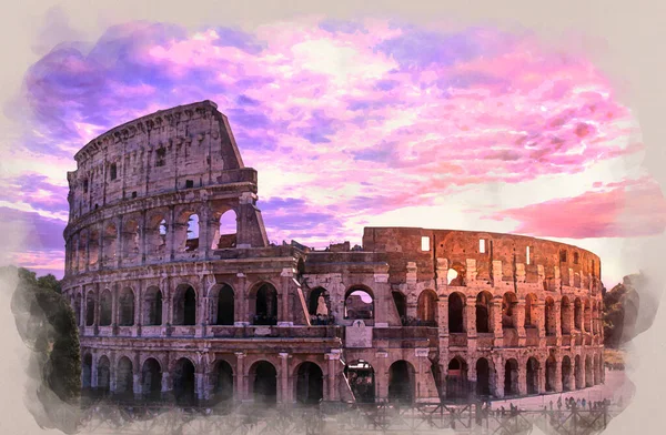 紫の曇りの空に対する日没時のローマのコロッセオの写真の水の色効果 イタリア — ストック写真