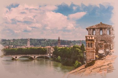 Verona, İtalya 'da kırmızı çatı ve Adige nehrinin görüntüsü suluboya etkisi